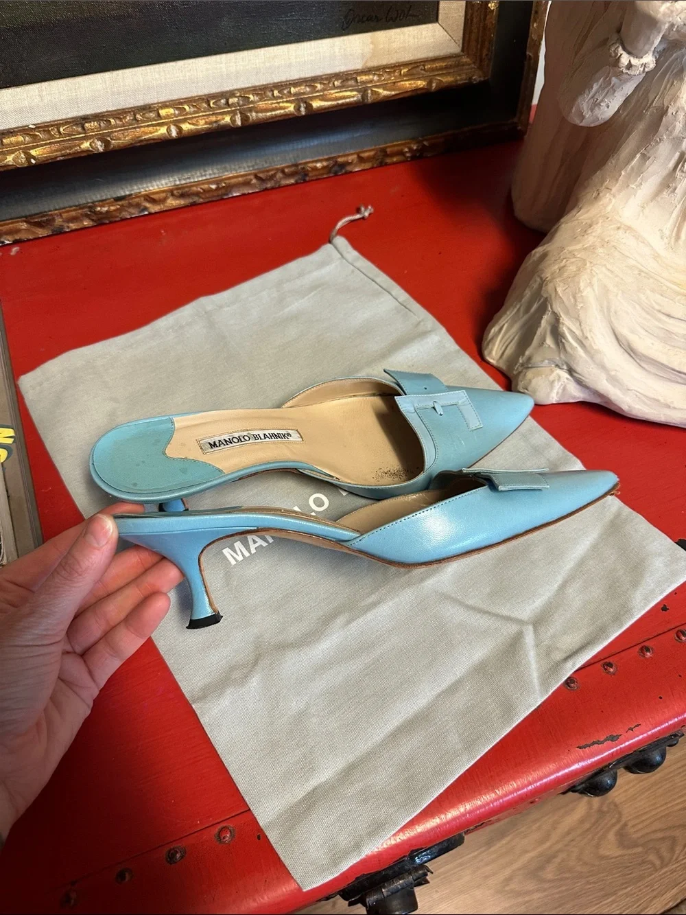 Manolo Blahnik Robin Egg Blue Pointed Leather Mule Slides with Buckle - Picture 6 of 8